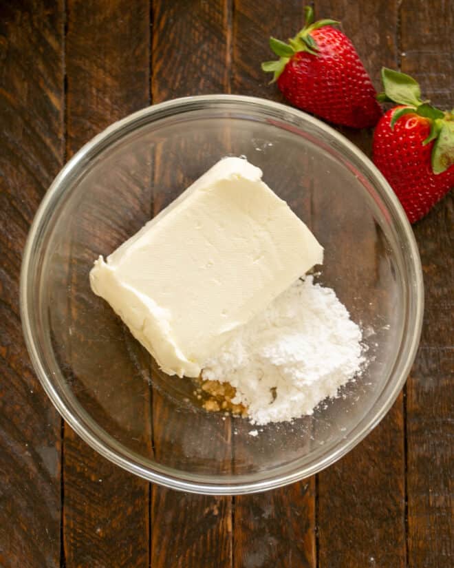 Filling ingredients for stuffed strawberries in a bowl.