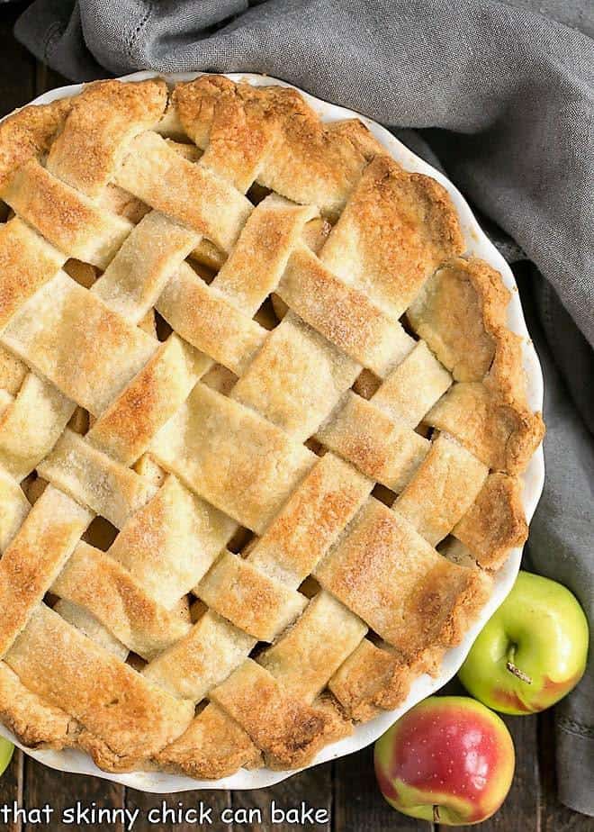 Best Apple Pie Recipe - A cinnamon spiced apple pie with a flaky lattice crust! A couple tricks make this the best recipe for a classic apple pie! Overhead view of Perfect Apple Pie.