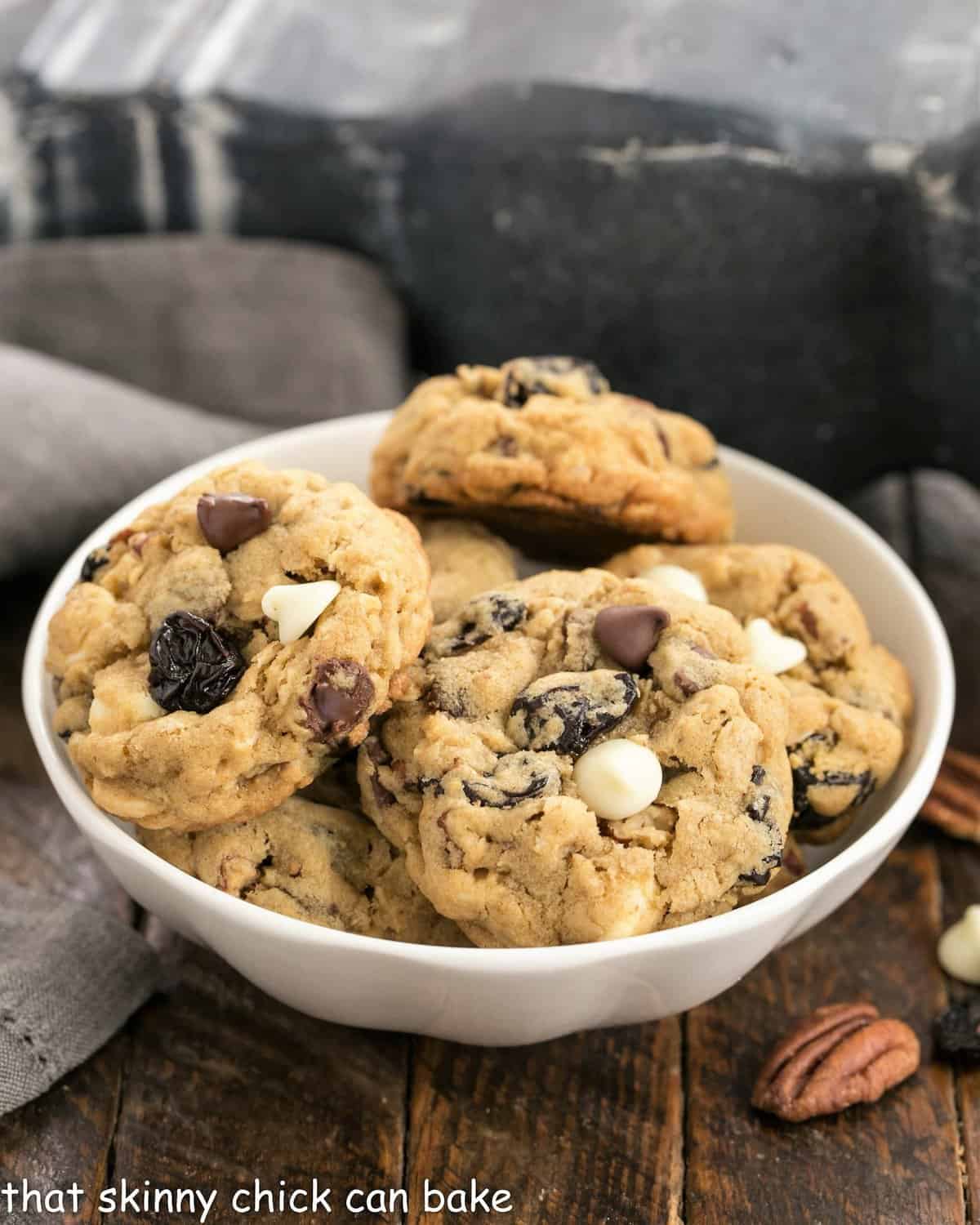 Chewy Oatmeal Cookies in a small white ceramic bowl.
