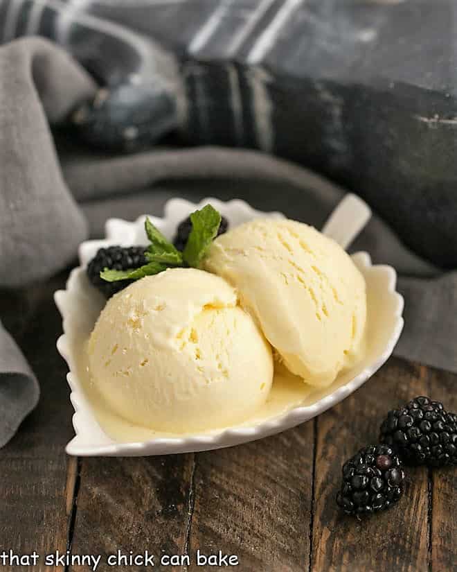 Dreamy White Chocolate Ice Cream -A rich, luscious ice cream enhanced with melted white chocolate! White Chocolate Ice Cream in a white leaf shaped bowl.
