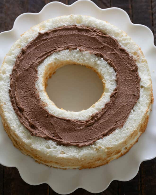 Overhead view of bottom of filled mousse cake.
