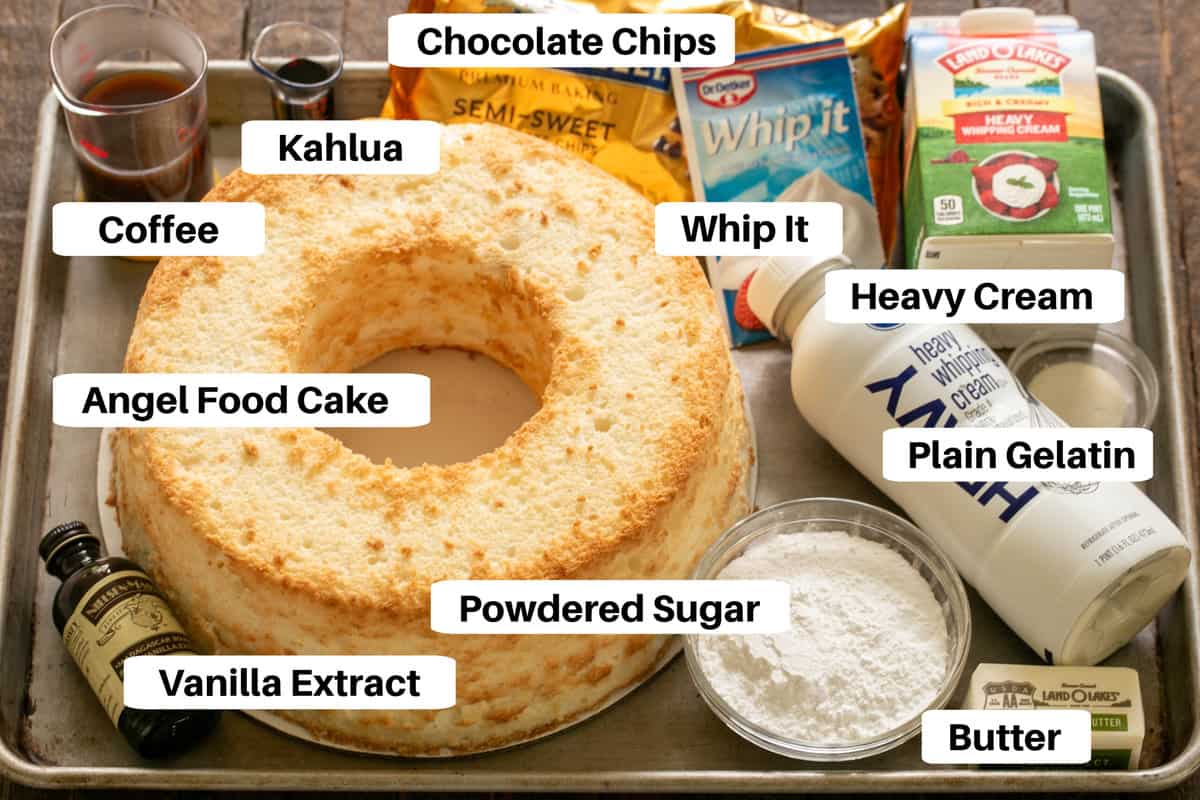 Mousse Filled Angel Food Cake Ingredients on a sheet pan with labels.
