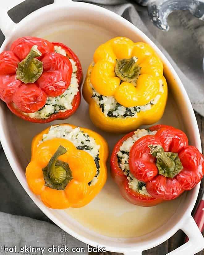 Rice Packed Peppers in a casserole dish