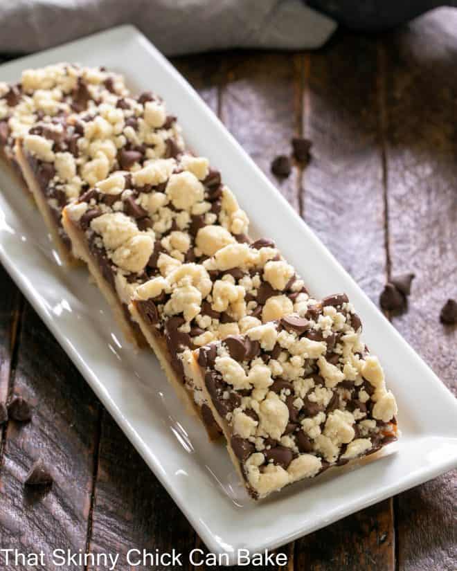 Caramel Chocolate bars on a white ceramic tray.