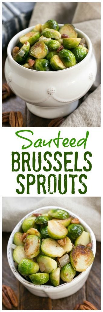 Two photos and one text box collage of sauteed Brussels sprouts