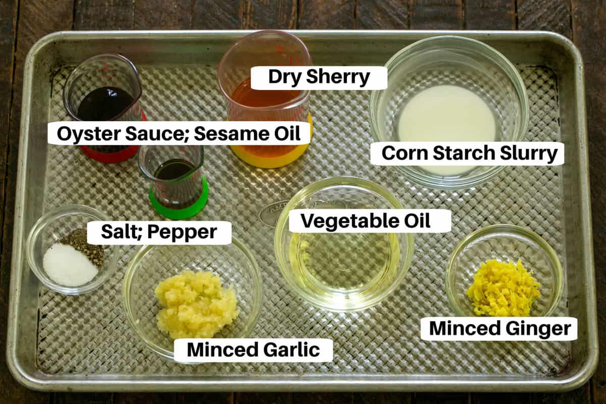 Chicken Stir Fry Sauce Ingredients on a sheetpan with labels.