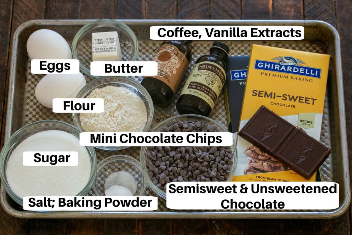 Chocolate Brownie Cookie Ingredients with labels on a metal sheet pan.