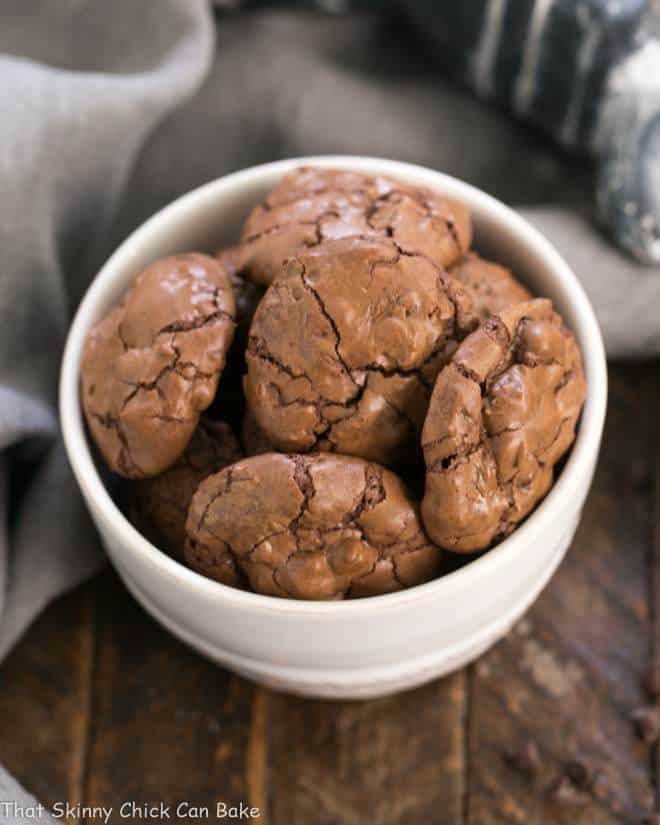 Chocolate Brownie Cookies in a round white ceramic bowl.