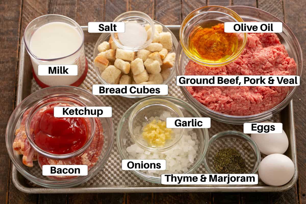 Meatloaf Ingredients on a sheetpan with labels.