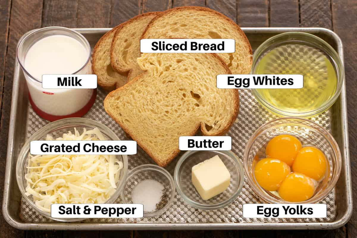 Cheese Souffle Ingredients on a sheetpan with labels.