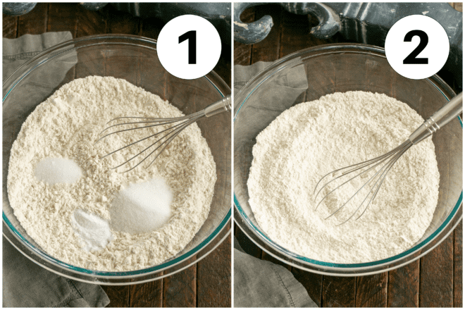 Irish Soda Bread Process Shots numbered 1, 2 with the dry ingredients with a whisk in a bowl, then the ingredients after they've been whisked to combine.