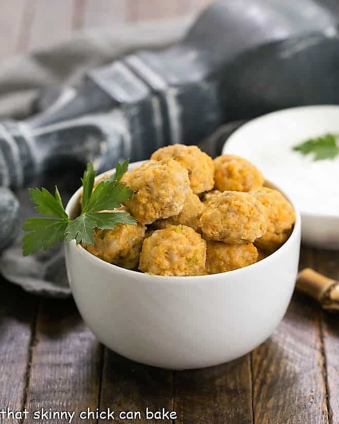 Buffalo Chicken Meatballs in a white serving bowl