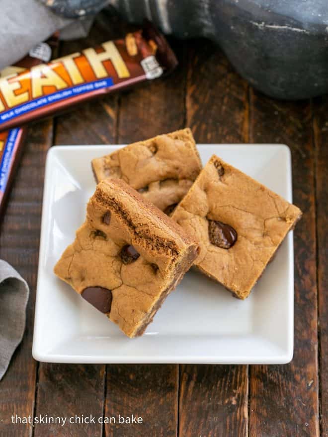 3 Toffee Blondies on a square white plate