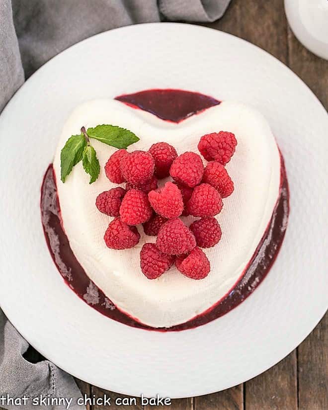Coeur a la Creme - An exquisite no-bake dessert that's perfect for Valentine's Day Overhead view of Coeur a la Creme with Raspberry Sauce.