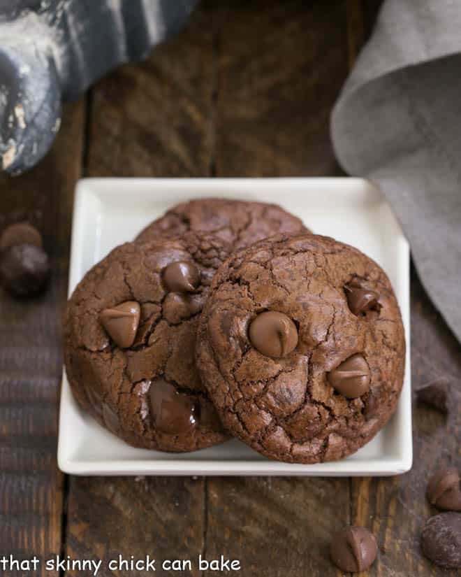 Death by Chocolate Cookies on a square white plate.