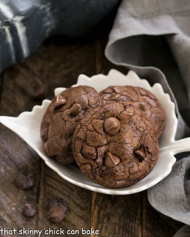 Death by Chocolate Cookies in a leaf shaped white bowl.