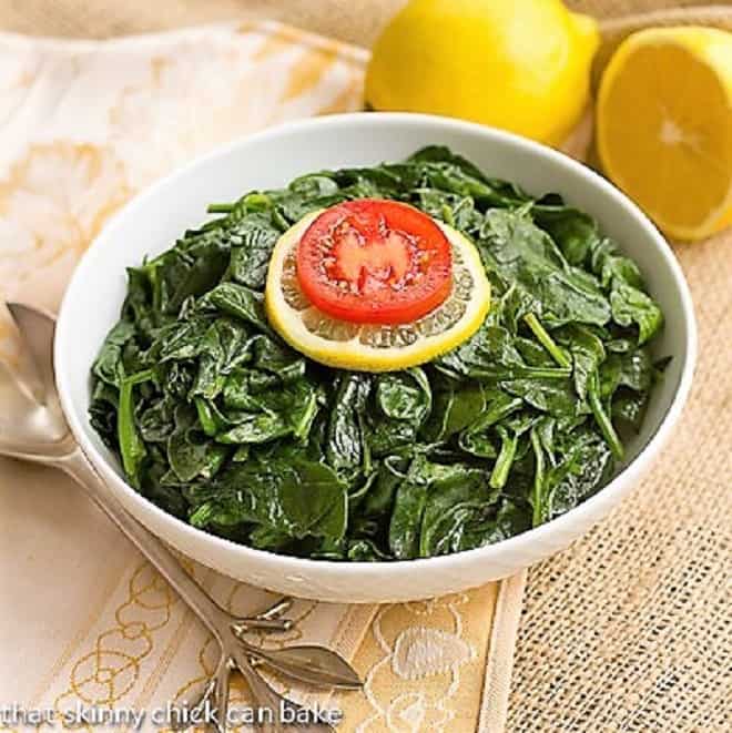 Lemon Steamed Spinach in a white bowl