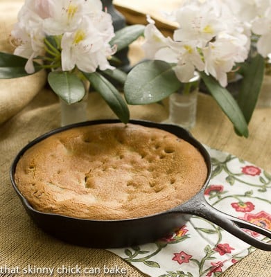 Skillet Chocolate chip cookie cake on a floral napkin