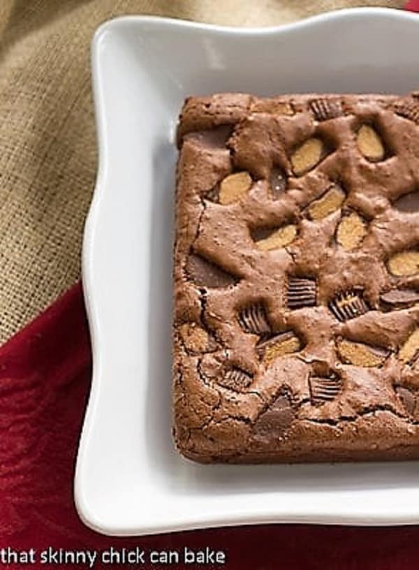 Fudgy Brownies with Reese's on a serving tray