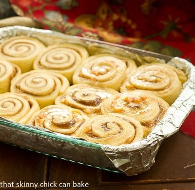 Nectarine Cinnamon Rolls ready for the oven in a baking dish