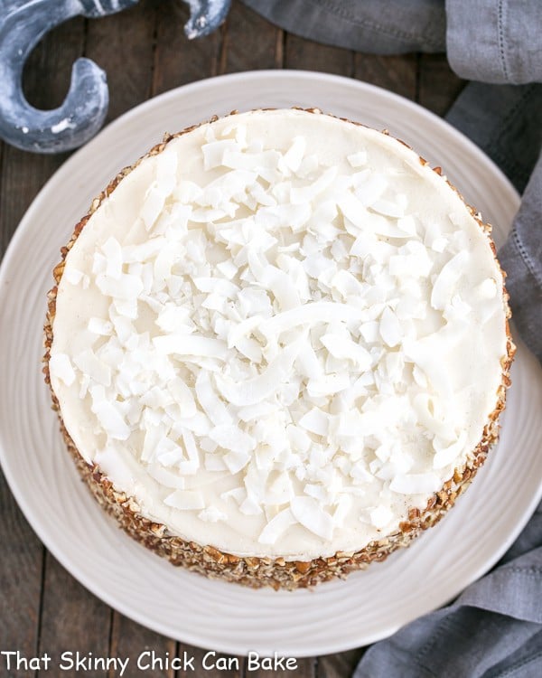 Caramel Filled Carrot Cake overhead view on a white plate.