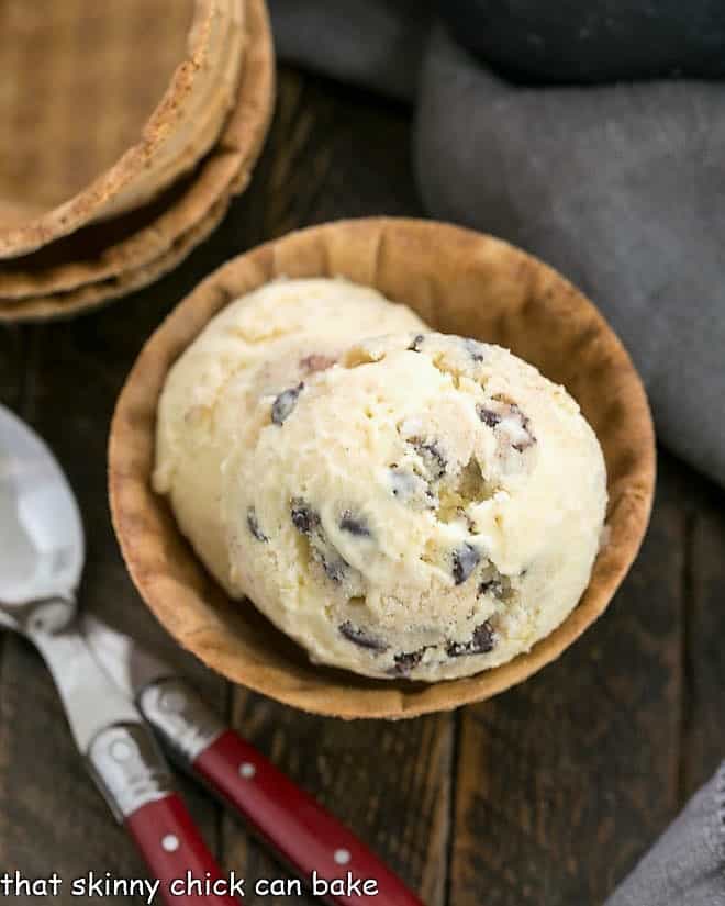 Cookie Dough Ice Cream in a sugar cone cup.