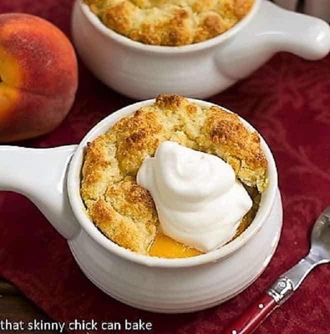 Johnnycake cobbler in a white ceramic crock.