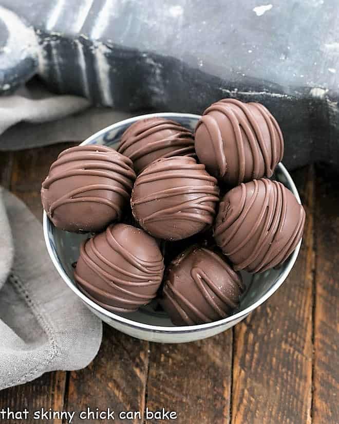 Cookie Dough Truffles in a blue and white bowl.