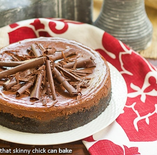Double Chocolate Cheesecake on a round white serving plate