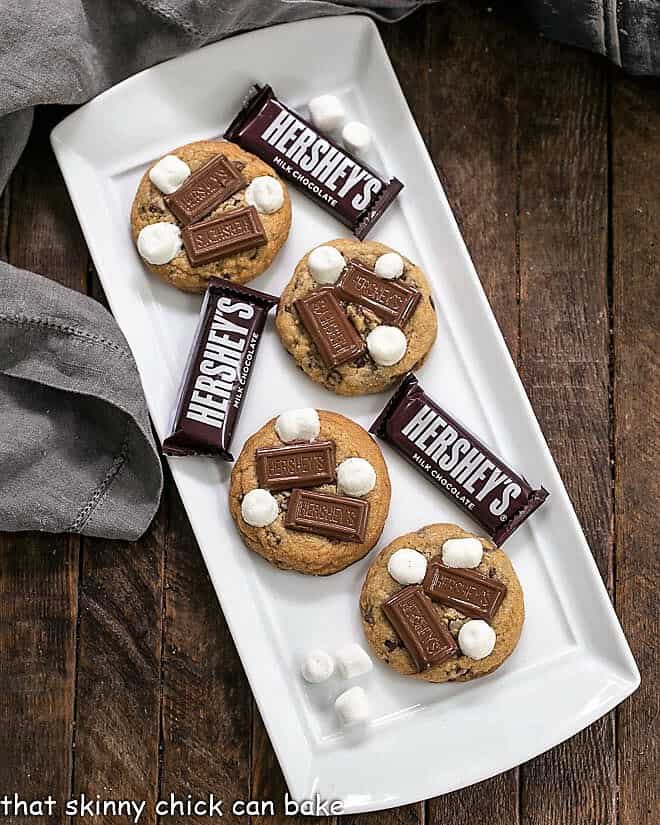S'mookies AKA Gooey S'mores cookies on a white ceramic tray.