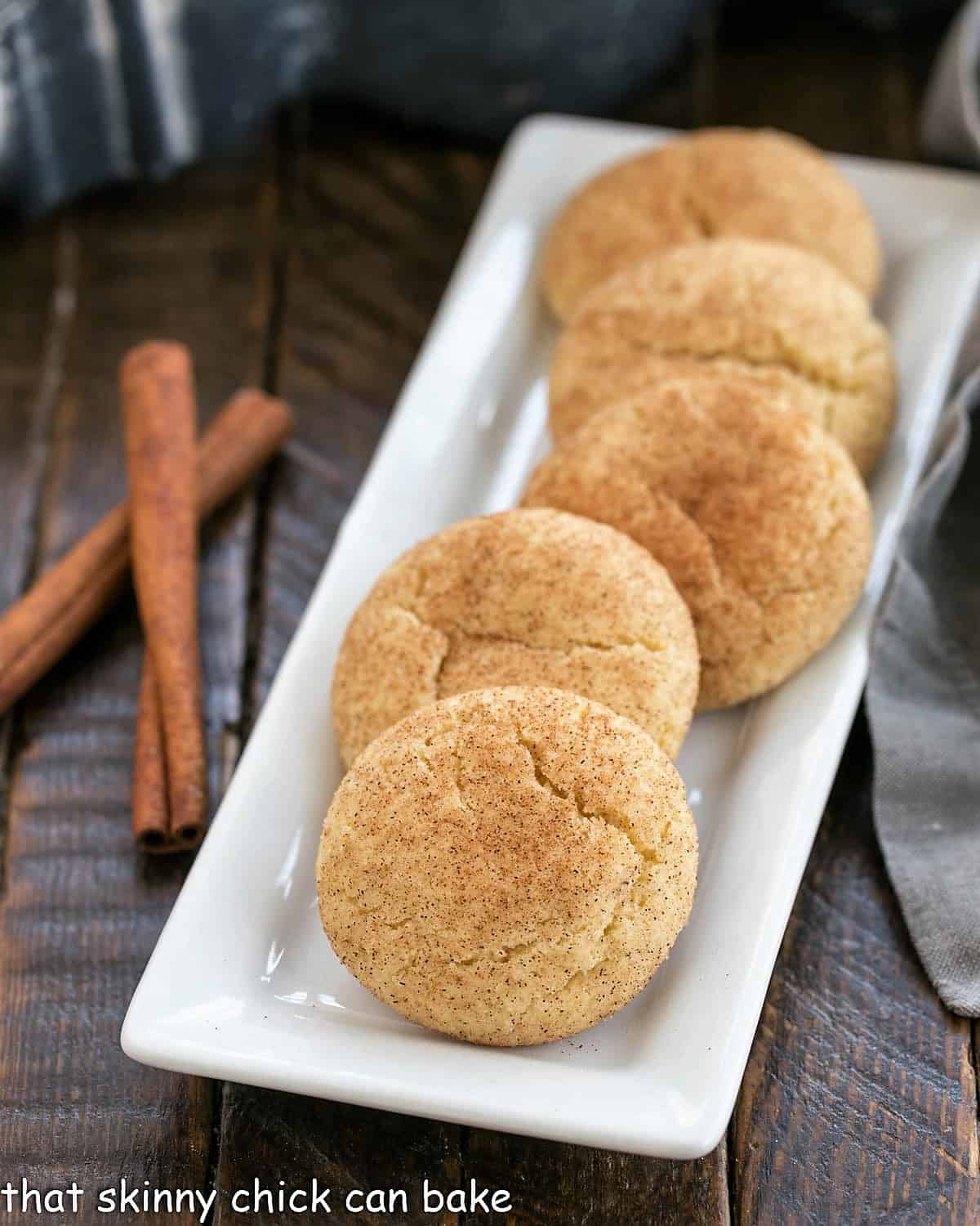 White ceramic tray with 5 snickerdoodle cookies.