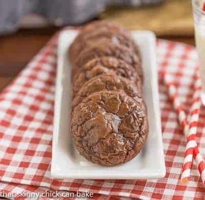 Double chocolate cookies on a white tray
