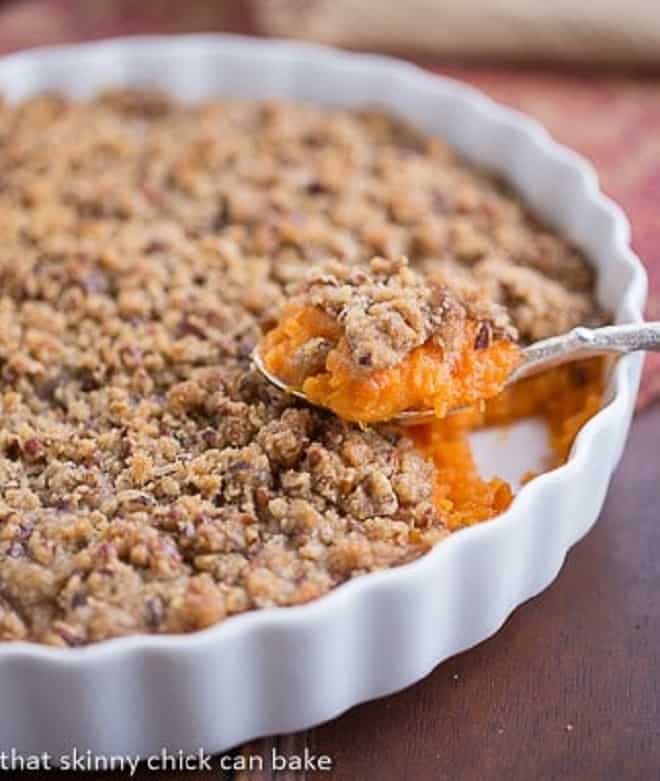 Praline Topped Sweet Potato Casserole in a baking dish