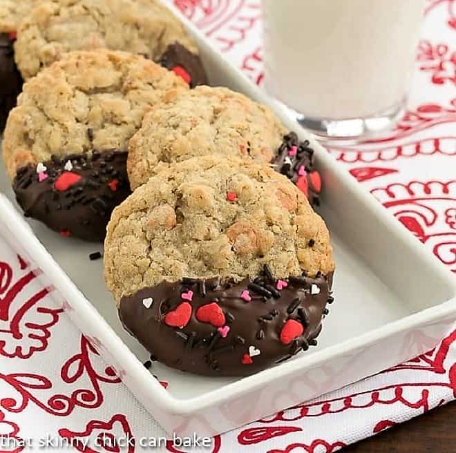 Big Dipper Oatmeal Butterscotch Cookies in a white rectangle ceramic dish.