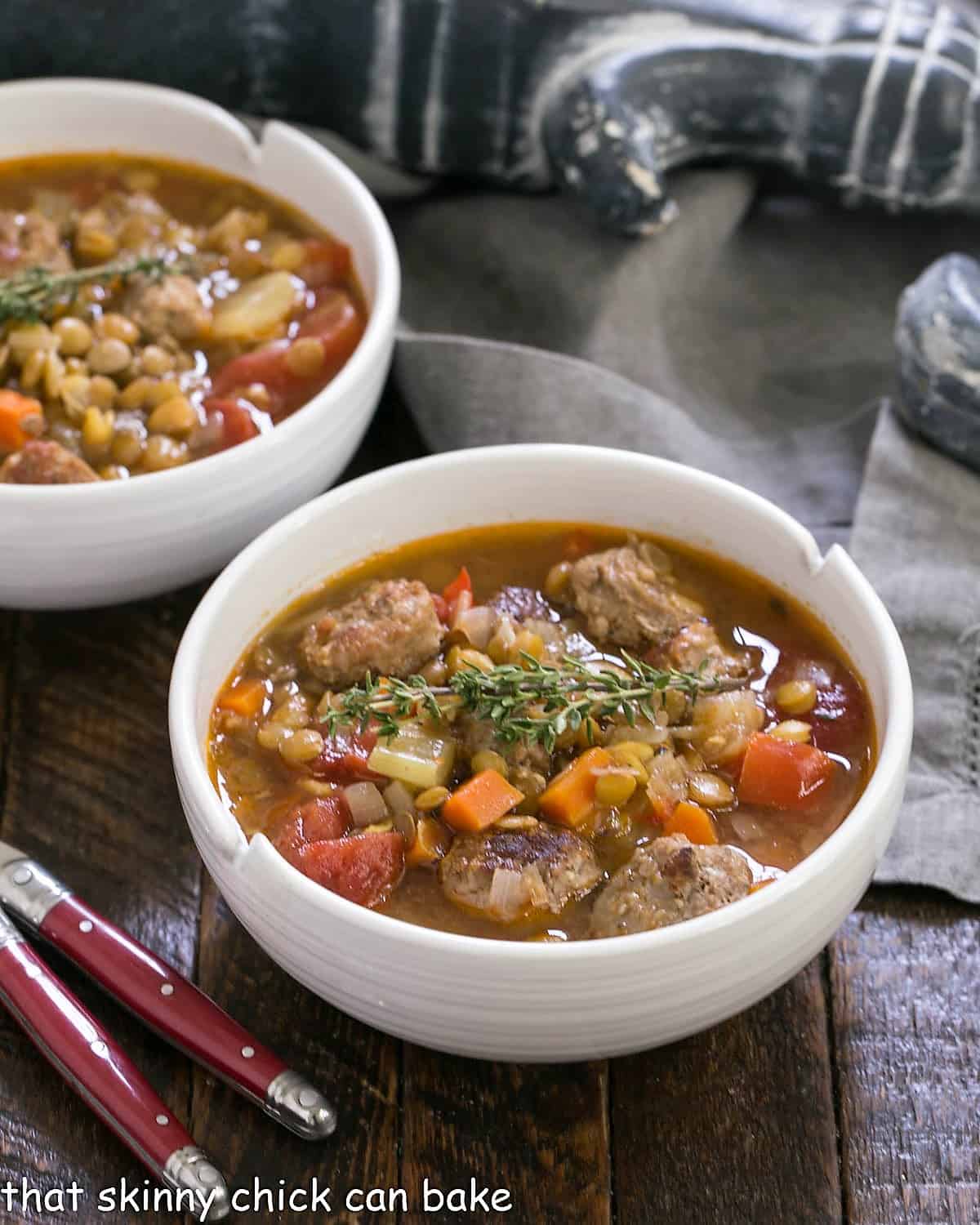 Two bowls of lentil vegetable soup.
