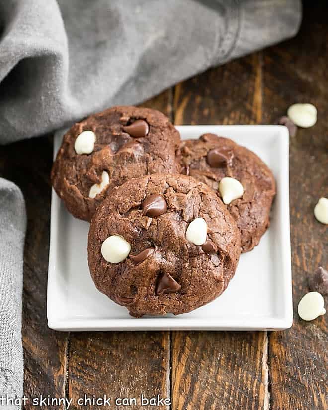 Overhead view of 3 chocolate cookies