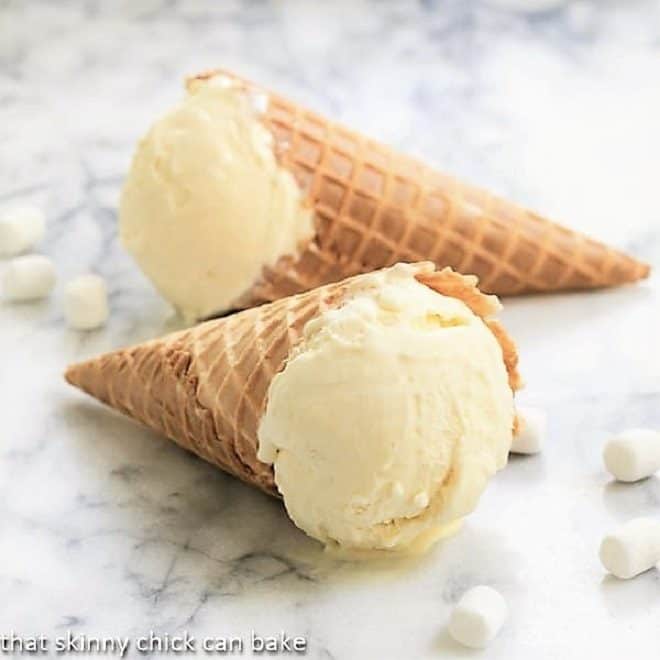Fudge Topped Marshmallow Ice Cream - a delicious twist on the classic hot fudge sundae Marshmallow Ice Cream in sugar cones
