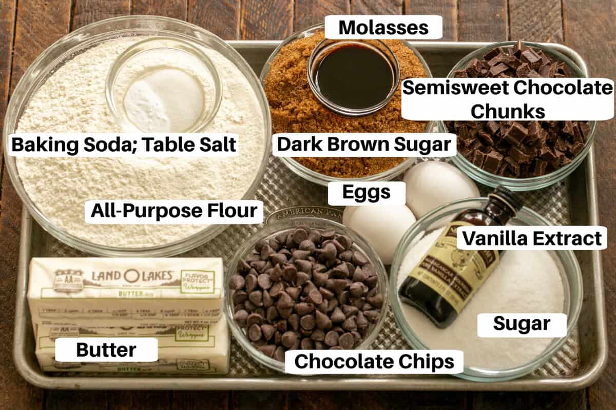Jumbo Chocolate Chip Cookie Ingredients with labels on a metal sheetpan.
