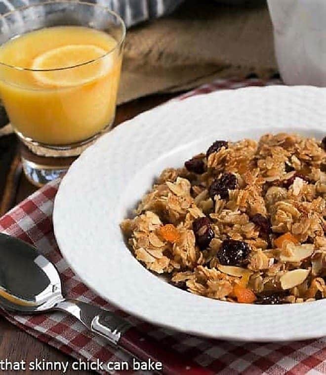 Chunky Maple Coconut Granola in a white ceramic bowl.