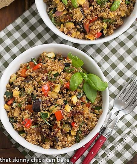 Overhead view of two bowls of Quiona Salad with Roasted Vegetables 