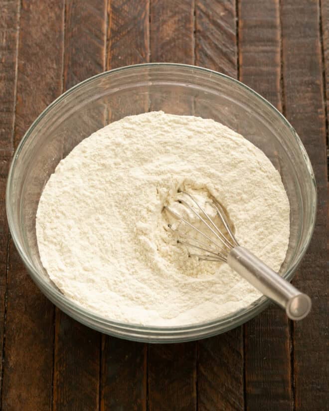 Dry ingedients in bowl with whisk.