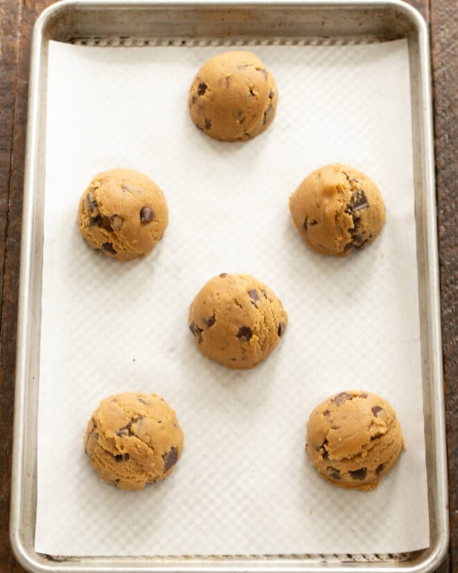 Scoop large dough balls onto prepared baking sheet.