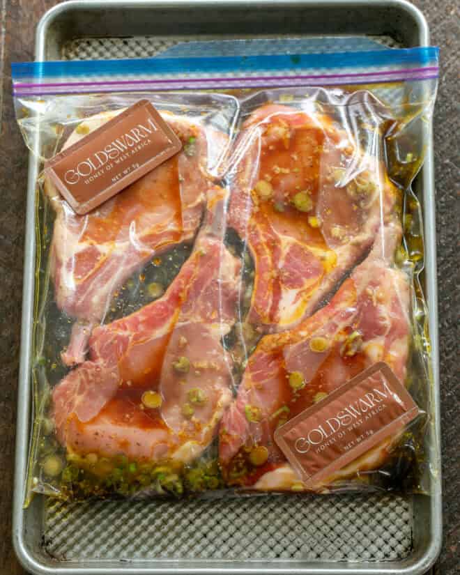Soy, Honey & Lemon Marinated Chops in bag with marinade.
