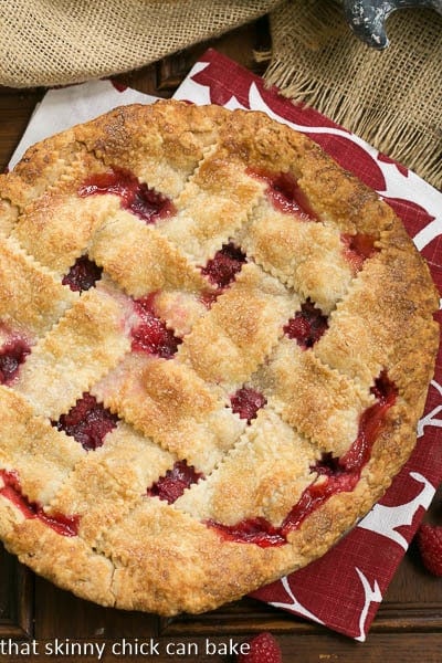 Lattice Topped Raspberry Pie overhead shot