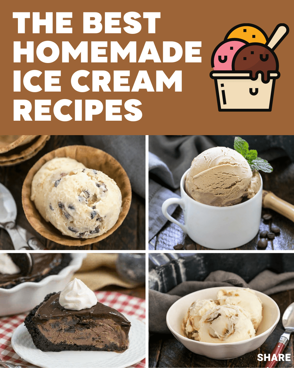 Homemade Ice Cream Recipes collage with 4 ice cream photos below a title text box.