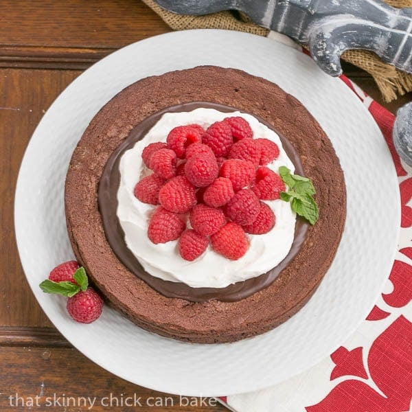 Chocolate Earthquake Cake - a dense chocolate souffle cake that is supposed to rise and fall!! Overhead view of Chocolate Earthquake Cake.