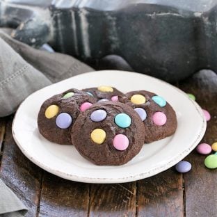 Easter Candy Brownie Cookies on on a white dessert plate