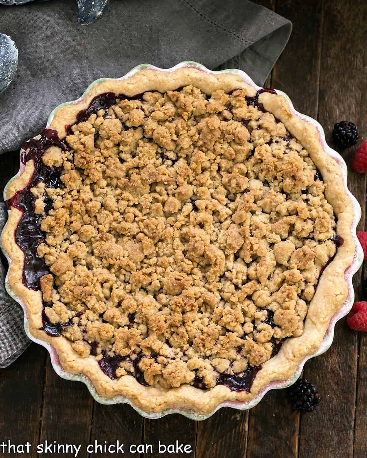 Overhead view of Razzleberry Pie in a ceramic pie plate.