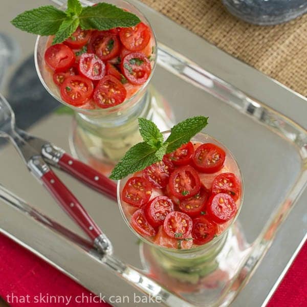 Overhead view of easy salmon tartare glasses garnished with mint