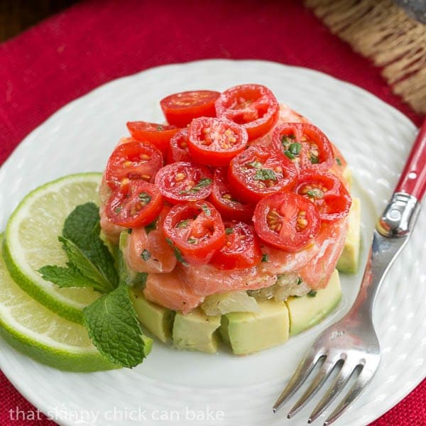 Easy Salmon Tartare on a white plate.